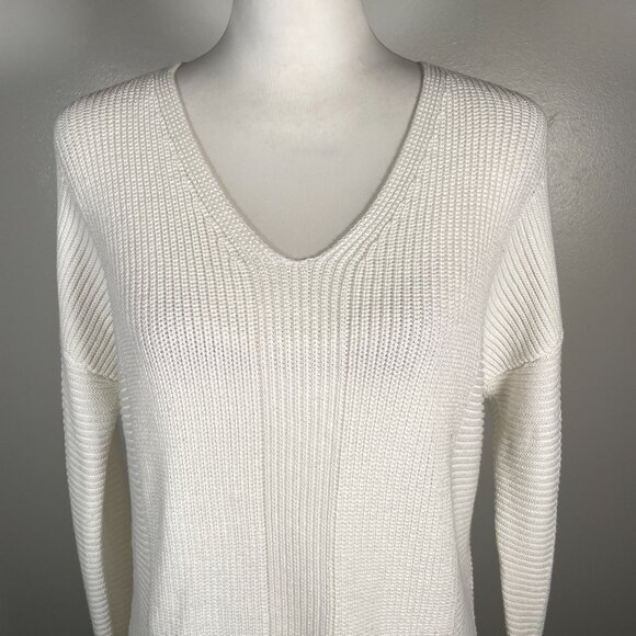 Rachel Zoe White V Neck Ribbed Knit Long Sleeve Pullover Tunic Sweater M - Picture 3 of 14
